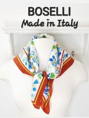 BOSELLI Vintage Blue Floral & Brown Stripe Border Square Scarf Made in Italy